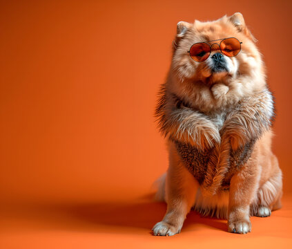 Creative animal concept. Chow chow dog puppy in luxury wealthy fancy chic luxurious impeccable fur furry fabric outfits isolated on background advertisement, copy text space