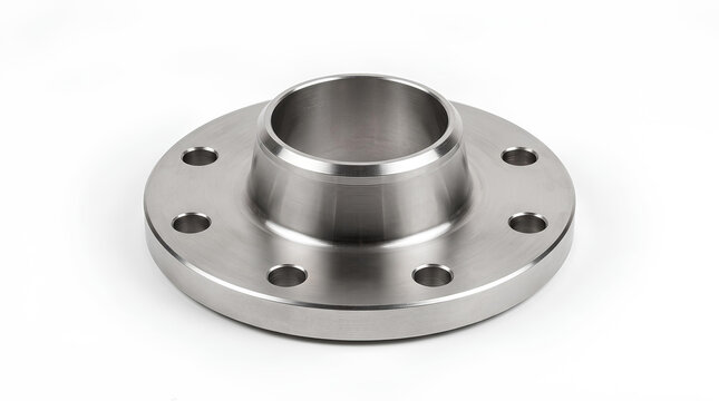 Steel pipe flange isolated on a white background from a raised three quarter angle
