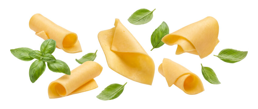 Sliced Cheese And Basil Leaves On Transparent Background