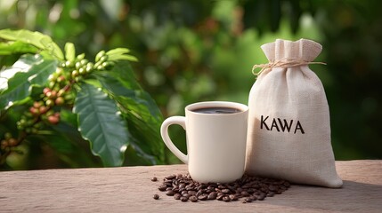 professional coffee advertisement, coffee in a large ceramic mug, next to a canvas bag with coffee beans and the inscription on the bag 