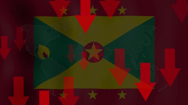 Economic Downturn: The flag of Grenada is overlaid with a graphic of downward red arrows, symbolizing financial decline and economic recession.