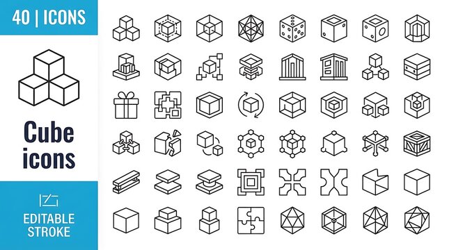 A comprehensive collection of forty creative cube icons set featuring various geometric shapes and abstract line art designs
