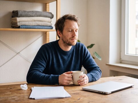 Vater Ende drei&szlig;ig macht in Halbtotale eine Kaffeepause im Homeoffice und h&auml;lt innehaltend eine Tasse Kaffee