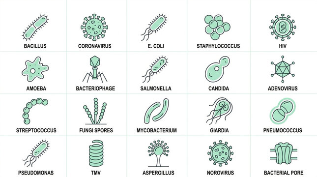 Set of 20 Flat Line Icons Representing Pathogens, Bacteria, Viruses, and Fungi for Scientific Study