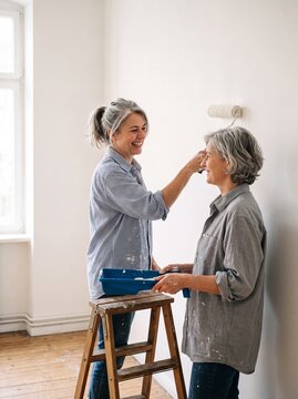 Zwei lachende Frauen streichen gemeinsam eine Wand in der Untersicht mit Farbroller und Farbwanne im hellen Zuhause