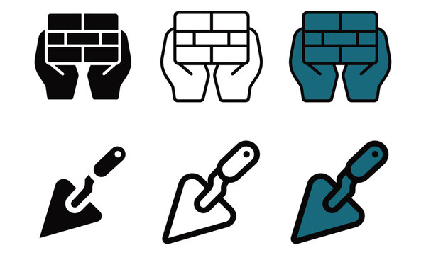 Construction worker icons with trowel and overalls isolated designs