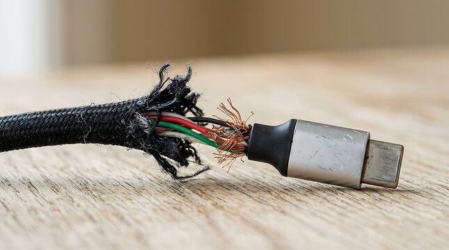 Damaged black braided cable with exposed wiring showing frayed insulation with displays close up broken electronic charging cable frayed black fabric insulation