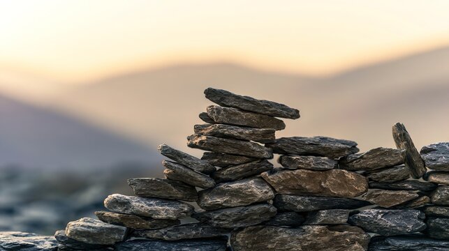 homestead. Low stone wall built from stacked rocks on open ground at sunset. inspiring travel planning, real-estate listings, designed for architectural facade and classical detail presentations.