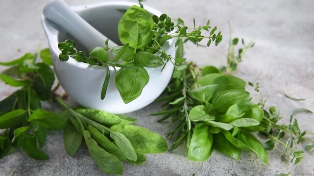 Fresh aromatic herbs with white mortar and pestle