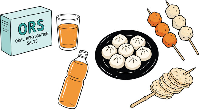 Oral Rehydration Salts ORS Package and Drink Vector Set with Asian Street Food Skewers, Dumplings, and Beverage Bottle Medical Care Diagrams