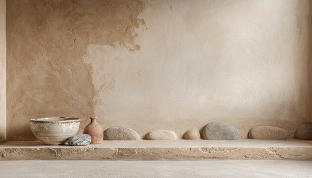 Japanese Wabi Sabi Background Concept. Minimalist rustic interior with textured wall and traditional pottery on shelf