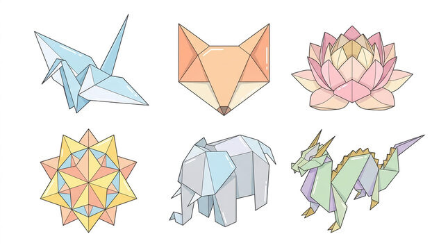 Colorful geometric origami animals and paper craft decorative icons.
