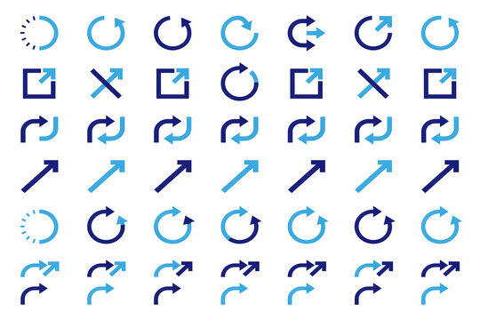 Set of blue directional arrow and refresh icons for digital interface with navigation direction interface application collection