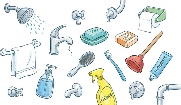 Bathroom Plumbing and Hygiene Accessory Vector Set with Shower Head, Faucet, Toilet Paper, Soap, Plunger, Toothpaste, and Cleaning Spray Bottle Icons