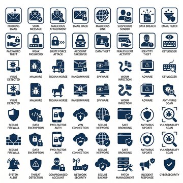 Cyber security and data protection icons. Digital safety symbols for network defense.