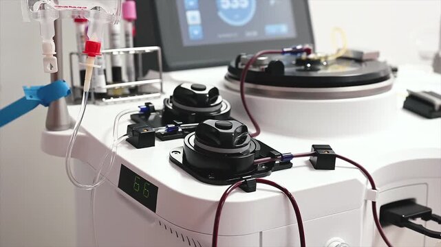 Footage of a plasma donation machine with its blood tubes, touchscreen and centrifuge working during a donation at a medical clinic.