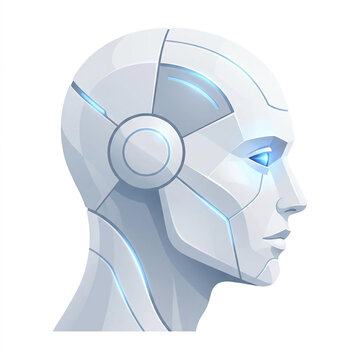 Futuristic humanoid robot head profile with glowing blue eyes