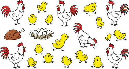 Poultry Farm Livestock Vector Set with Cartoon Roosters, White Hens, Yellow Chicks, Nest with Eggs, and Roasted Chicken Food Elements © Nayem