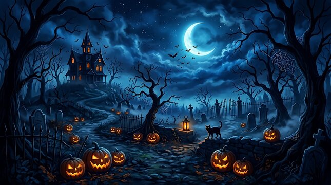 Spooky halloween graveyard landscape at night with haunted house full moon and glowing jack o lanterns.