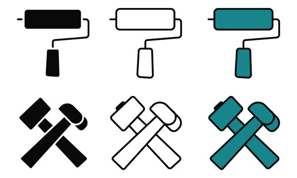 Illustrated Paint Roller And Hammer Set Icons