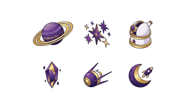 Isometric icons of planets, stars, and space exploration gear.