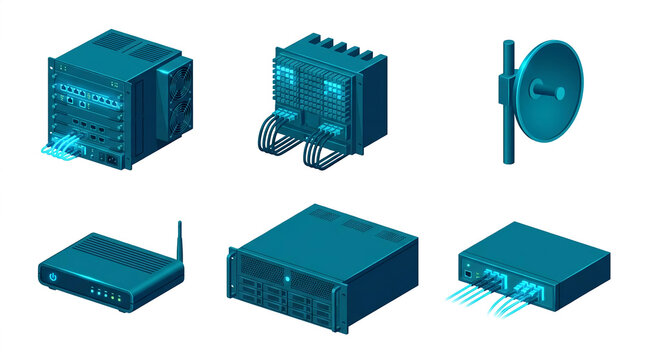 Isometric networking hardware icons including server and router.