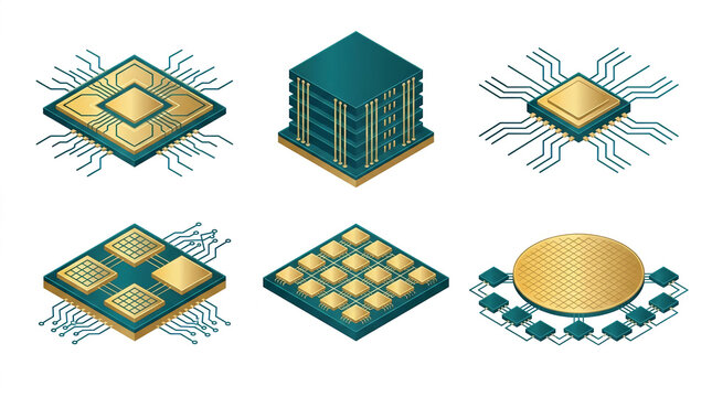Isometric microchip and CPU processor icons for hardware design