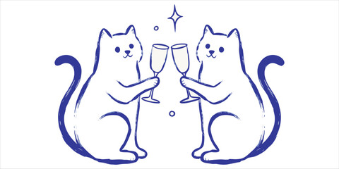 Naklejka premium Cute Hand Drawn Cats Toasting with Wine Glasses – Minimalist Blue Line Art Cat Celebration Illustration for Greeting Cards,