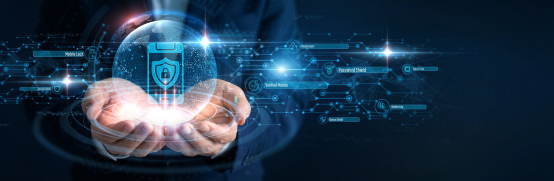 Device Protection Expert Hand hold Mobile Security and global networking, smartphone malware privacy defense, encrypted application data storage, cellular wireless threat identification