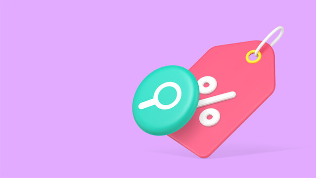 Sale discount shopping checking searching analyzing 3d icon banner copy space vector illustration. Shop store marketplace special offer price off cost reduction research with magnifying glass