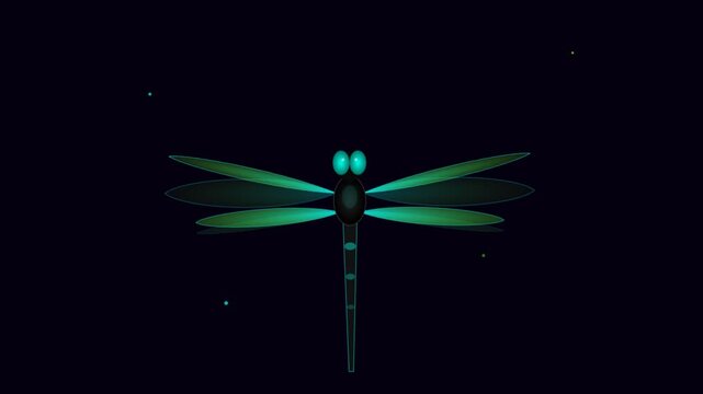 Glowing Neon Dragonfly Flying Against Dark Background Animation