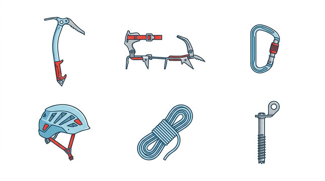 Mountaineering and rock climbing safety equipment icons set.