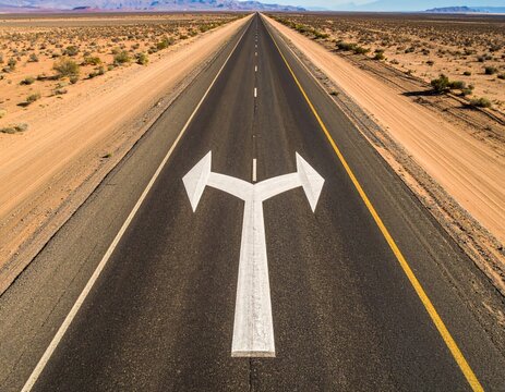 Endless desert highway splits into two diverging paths in a remote, arid landscape