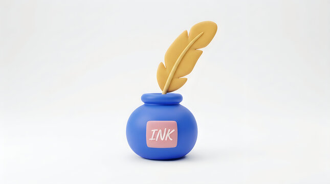 3D render of a blue inkwell with a yellow feather quill pen communication stationery creative education