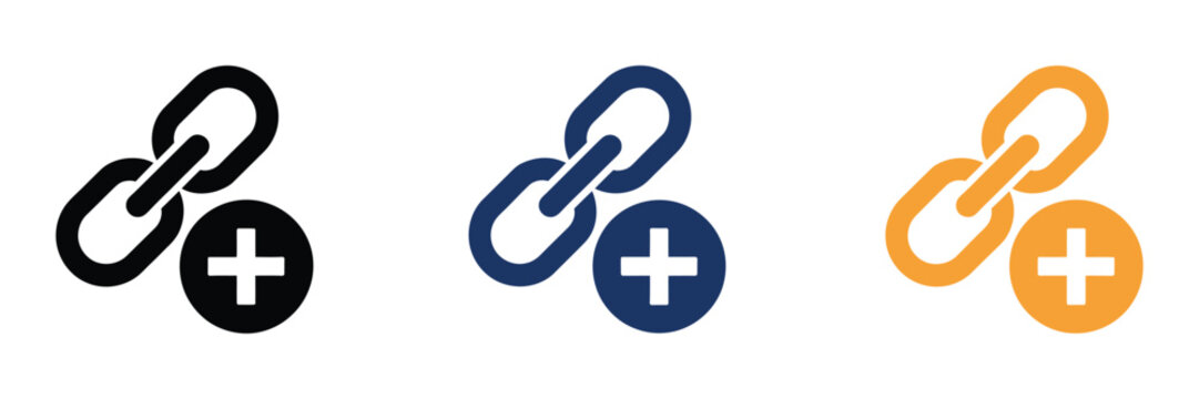 Link building icons featuring abstract chain links, plus sign, hyperlink connection, network integration, URL linking, website optimization, and digital connectivity symbols in outline, solid, and fla