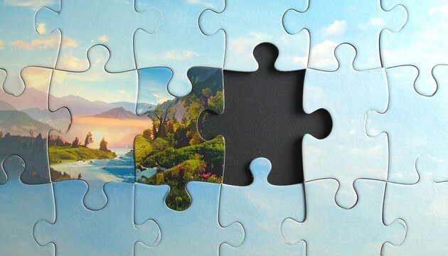 A nearly completed puzzle made of colorful joyful memories with only one dark piece representing failure, symbolic concept, realistic lighting, top-down composition, premium concept photography