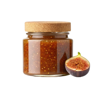 Glass jar filled with fig jam and cut fresh fruit for gourmet preserve packaging mockup and artisan food branding