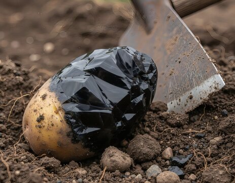 Freshly Unearthed Potato Transforming into Obsidian at Hoe Contact Point, Black Crystal Mass Emerging from Soil