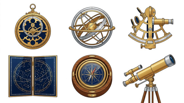 Vintage nautical and astronomical navigation instruments collection.