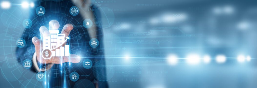 Chief Financial Officer hand holding Corporate Finance and data networking, capital structure optimization, investment risk assessment, business growth forecasting.