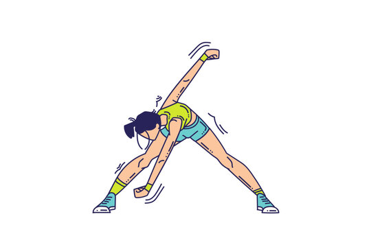 Flat illustration showing a woman performing a standing side stretch exercise. Suitable for fitness, wellness, workout, flexibility training, yoga, sports education and healthy lifestyle content