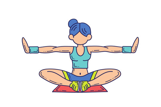 Flat illustration featuring a woman sitting on a yoga mat while practicing a butterfly stretch pose with open arms. Perfect for yoga, flexibility, wellness, workout, meditation and healthy lifestyle d