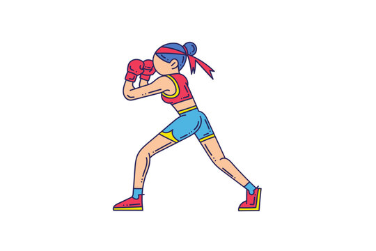 Flat illustration showing a female boxer standing in a fighting stance while wearing boxing gloves. Perfect for fitness, sports, workout, martial arts, health and active lifestyle projects