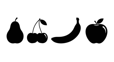 Silhouettes of fresh fruit on white background with silhouettes pear cherries black silhouettes cherries banana healthy cherry apple food with icon © Ritu