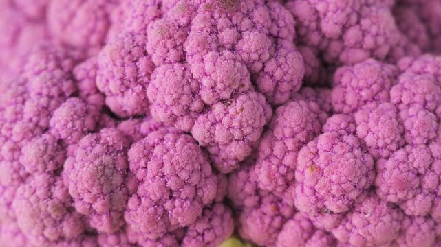 Macro close up of purple cauliflower texture and florets, carefully arranged for vibrant culinary presentation highlighting natural textures, vivid seasonal produce, wholesome nut