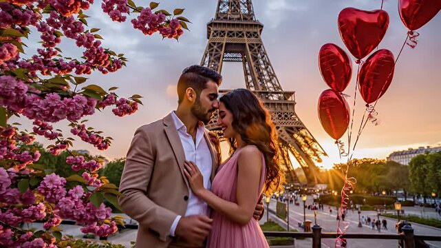 Romantic Couple Posing Beside The Eiffel Tower Amid Pink Blossoms And Floating Petals At Sunset