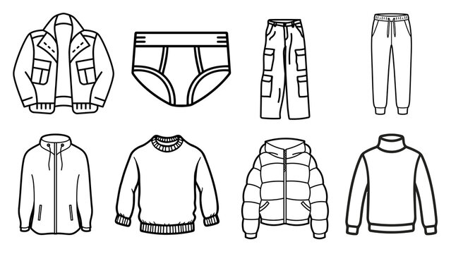 Black and White Outline Vector Set of Men Winter Clothing and Underwear Coloring Page Elements