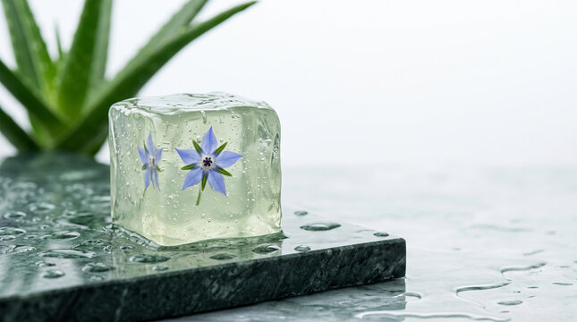 Aloe vera gel cube with borage flower and copy space