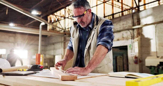 Drawing, carpenter and ruler with plank in factory for project, planning and manufacture furniture. Workshop, flare and mature person with measurement, timber material or small business in warehouse