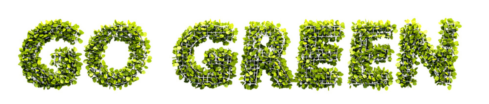 Go green text made of lush green leaves isolated on transparent background